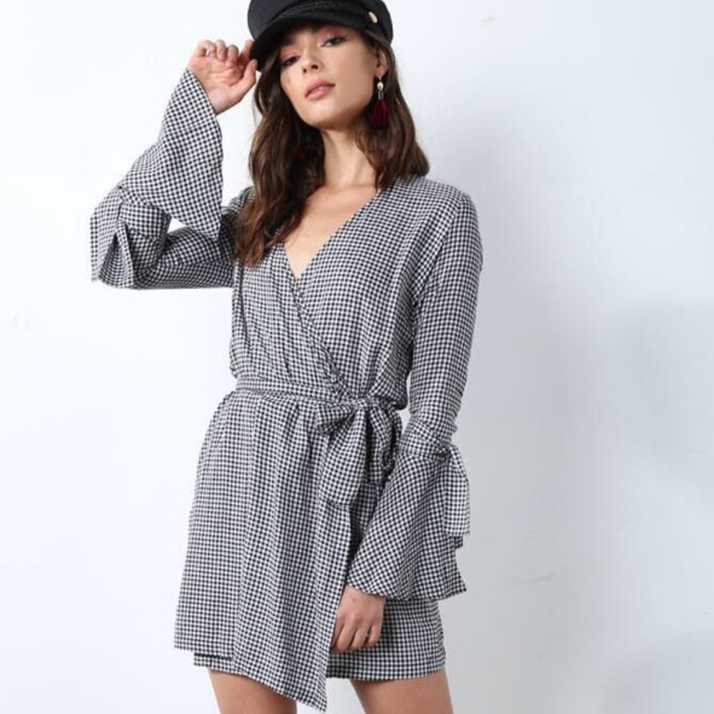 gingham wrap dress with bell sleeves / size medium